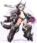  1girl antennae armor armored_boots bangs black_shorts boots breasts bridgeless_bra closed_mouth collarbone cutoffs densou_tenshi_valforce full_body glowing gluteal_fold grey_hair hair_between_eyes highres karukan_(monjya) legs_apart long_hair looking_at_viewer mecha_musume mechanical_arms mechanical_tail misawa_elena navel open_clothes open_fly open_shorts shadow short_shorts shorts small_breasts solo standing stomach unbuttoned violet_eyes white_background 