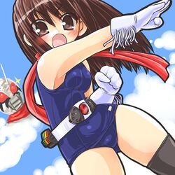  1girl bad_id belt brown_eyes brown_hair dd_(ijigendd) female gloves kamen_rider kamen_rider_super-1 kamen_rider_super-1_(series) one-piece_swimsuit red_scarf scarf school_swimsuit solo swimsuit thigh-highs 