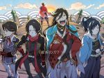  5boys armor black_hair blue_eyes bow braid bridge brown_hair clouds crossed_arms earrings hair_bow hakama haori horikawa_kunihiro izumi-no-kami_kanesada japanese_armor japanese_clothes jewelry kashuu_kiyomitsu male_focus mole mole_under_eye mole_under_mouth multiple_boys mutsu-no-kami_yoshiyuki open_mouth ponytail red_eyes scarf seigaiha shinsengumi side_braid sode stud_earrings sun t_k_g touken_ranbu translation_request yamato-no-kami_yasusada 