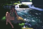  1girl animal_ears azusa azusa_(hws) barefoot bell bell_collar black_hair bow breasts brown_eyes casual_one-piece_swimsuit cat_ears cleavage collar feet landscape large_breasts leg_up legs long_hair long_legs nature one-piece_swimsuit original outdoors river scenery shade sidelocks sitting solo stream swimsuit thighs water waterfall 