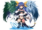  1boy 2girls asymmetrical_wings bare_shoulders black_legwear blue_hair breasts choker detached_sleeves dizzy guilty_gear hair_ribbon highres inagata large_breasts long_hair multiple_girls navel necro_(guilty_gear) partially_submerged red_eyes ribbon simple_background tail tail_ribbon thigh-highs twintails under_boob undine_(guilty_gear) water white_background wings yellow_ribbon 