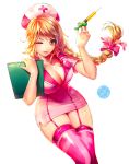  boots character_request cleavage clipboard copyright_request dress flowing_hair holsters large_breasts long_hair needle orange_hair pink_eyes plait source_request syringe tagme thigh_highs wink 