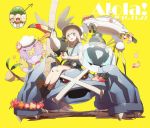  1girl 2016 alolan_exeggutor araquanid bird blue_eyes brown_hair dated drifloon exeggutor flower magnezone metagross no-kan pokemon pokemon_(creature) simple_background toucan toucannon yellow_background 