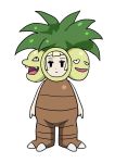  1girl :| bangs black_eyes blonde_hair blunt_bangs closed_mouth costume exeggutor female full_body highres jitome lillie_(pokemon) pokemon pokemon_(game) pokemon_sm ram_(ramdayo) simple_background solo standing white_background 