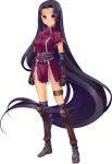  1girl absurdres black_hair blue_legwear elbow_gloves full_body gloves highres koihime_musou long_hair looking_at_viewer red_eyes sandals short_sleeves shuutai smile solo standing thigh_strap transparent_background very_long_hair 