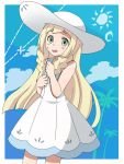  1girl aarugurei bangs bare_arms blonde_hair blunt_bangs braid clouds collared_dress dress green_eyes hat lillie_(pokemon) long_hair moon open_mouth palm_tree pokemon pokemon_(game) pokemon_sm scissors sleeveless sleeveless_dress solo sun sun_hat sundress tree twin_braids white_dress white_hat 