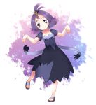  1girl acerola_(pokemon) armlet blue_eyes dress elite_four flat_chest full_body hair_ornament half_updo konna_e_oritore leaning_to_the_side leg_up pokemon pokemon_(game) pokemon_sm purple_hair sandals short_hair simple_background smile solo standing standing_on_one_leg stitches torn_clothes torn_dress 