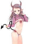  1girl :p bikini blue_eyes brown_hair crop_top flat_chest highres horns long_hair masao original pointy_ears ribbed_sweater side-tie_bikini simple_background solo swimsuit tail tongue tongue_out 