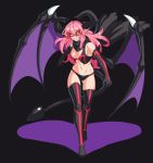  1girl absurdres armor bikini_armor bochi_(yamakan) boots breasts cleavage demon_girl demon_horns demon_tail demon_wings elbow_gloves glasses gloves highres horns long_hair looking_at_viewer navel original panties pink_hair pointy_ears sharp_teeth solo succubus tail teeth thigh-highs thigh_boots underwear wings yellow_eyes 