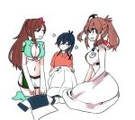  3girls amagi_(kantai_collection) anchor bangs bare_shoulders belt blue_eyes blue_hair blush breast_pocket breasts brown_hair cleavage_cutout closed_eyes dress flower hair_between_eyes hair_flower hair_ornament houshou_(kantai_collection) japanese_clothes kantai_collection large_breasts long_hair machinery midriff moi1416 multiple_girls navel ponytail red_neckerchief remodel_(kantai_collection) saratoga_(kantai_collection) short_sleeves side_ponytail simple_background smile smokestack squatting swept_bangs tasuki thigh-highs white_background white_dress 