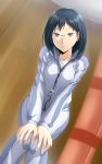  1girl black_eyes black_hair dutch_angle glasses haikyuu!! hands_on_own_knees highres kokutou leaning_forward looking_at_viewer mole mole_under_mouth shimizu_kiyoko short_hair solo track_suit whistle 