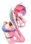  1girl ahoge breasts denim denim_shorts erect_nipples fang guohua highres large_breasts looking_at_viewer open_mouth red_eyes redhead shorts smile solo sword weapon 