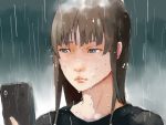  1girl black_shirt blue_eyes brown_hair cellphone highres holding holding_phone long_hair looking_at_phone original pavarit_songsomboon phone portrait rain shirt smartphone solo water wet wet_face 