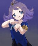  1girl 243_14 :3 acerola_(pokemon) armlet bangs blue_eyes bright_pupils collarbone dress elite_four hair_ornament half_updo pokemon pokemon_(game) pokemon_sm purple_hair short_hair short_sleeves solo star_(sky) stitches tongue tongue_out torn_clothes torn_dress upper_body 