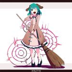  1girl 2016 animal_ears bamboo_broom blue_shoes broom brown_dress covering_mouth dated dress full_body green_hair hand_over_own_mouth holding_broom kasodani_kyouko letterboxed long_sleeves looking_at_viewer one_eye_closed open_mouth shishi_osamu shoes short_hair shouting socks solo touhou white_background white_legwear 