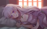  1girl bangs bare_shoulders bed_sheet blush breasts cleavage closed_mouth crystal curtains dress elf emilia_(re:zero) eyebrows eyebrows_visible_through_hair flower frills hair_flower hair_ornament highres holding holding_hair indoors light_particles long_hair looking_at_viewer low-tied_long_hair lying medium_breasts off_shoulder on_bed on_side pillow pointy_ears re:zero_kara_hajimeru_isekai_seikatsu rin2010 silver_hair solo upper_body violet_eyes window 