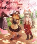  2girls apron black_hat black_shoes black_skirt black_vest blonde_hair blue_bow boots bow braid broom bush cherry_blossoms closed_eyes collared_shirt fujiwara_no_mokou hair_bow hands_in_pockets hat hat_bow holding_broom kirisame_marisa loafers long_hair long_sleeves looking_away multiple_girls path petals road shirt shoes side_braid silver_hair single_braid skirt skirt_set smile socks suspenders touhou tree very_long_hair vest waist_apron walking white_bow white_shirt witch_hat yuer_(miyuexinling) 