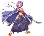  1girl absurdres artist_request blush breasts chouryou_(shia) collar feet fingerless_gloves geta gloves green_eyes highres holding holding_weapon japanese_clothes koihime_musou large_breasts looking_at_viewer naginata navel official_art polearm purple_hair sandals sarashi solo standing toes transparent_background weapon 