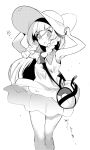  1girl bag braid dress duffel_bag greyscale hat highres lillie_(pokemon) long_hair monochrome pokemon pokemon_(game) pokemon_sm see-through simple_background sleeveless sleeveless_dress solo sun_hat twin_braids white_background yzh_chan 