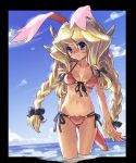  1girl animal_ears bikini blonde_hair blue_eyes braid frame katahira_masashi long_hair ocean one-piece_tan original outdoors rabbit_ears smile solo swimsuit tail tan tanline twin_braids wading water 