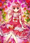  1girl absurdres bow collarbone dress eyebrows eyebrows_visible_through_hair food fruit fujima_takuya hair_bow highres holding long_hair looking_at_viewer open_mouth original pink_hair red_dress red_eyes scan sitting solo spoon white_bow wrist_cuffs 