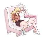  2girls amputee blonde_hair breasts cleavage closed_eyes commentary couch dashingicecream dress hair_bun high_heels long_hair looking_at_another multiple_girls one_eye_closed rwby shoes sitting smile white_dress white_hair white_shoes winter_schnee yang_xiao_long yuri 