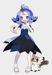  1girl :3 :d acerola_(pokemon) armlet blue_eyes bright_pupils collarbone dress elite_four flat_chest full_body hair_ornament half_updo highres holding holding_poke_ball mimikyu_(pokemon) multicolored_eyes open_mouth orange_eyes poke_ball pokemon pokemon_(creature) pokemon_(game) pokemon_sm purple_hair sandals short_hair silver_background simple_background smile solo stitches toenails torn_clothes torn_dress yxyx_ika 