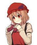  &gt;:t 1girl :t aki_minoriko bangs blonde_hair blush closed_mouth dress eating food fruit grapes hat highres long_sleeves mob_cap ozu_(agito100001) red_eyes solo suspenders sweet_potato touhou upper_body white_background 