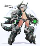  1girl alternate_color antennae aqua_eyes armor armored_boots bangs black_shorts blue_eyes boots breasts bridgeless_bra closed_mouth collarbone cutoffs densou_tenshi_valforce full_body glowing gluteal_fold grey_hair hair_between_eyes headgear highres karukan_(monjya) legs_apart long_hair looking_at_viewer mecha_musume mechanical_arms mechanical_tail misawa_elena navel open_clothes open_fly open_shorts shadow short_shorts shorts small_breasts solo standing stomach tan unbuttoned white_background 
