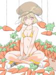  1girl animal_ears bare_shoulders bikini blonde_hair breasts carrot collarbone hair_between_eyes hat indian_style jack_(wkm74959) looking_at_viewer navel rabbit_ears red_eyes ringo_(touhou) shoes simple_background sitting small_breasts solo sweat swimsuit touhou white_background yellow_bikini yellow_shoes 