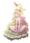  1girl bare_shoulders barefoot between_legs breasts bush cleavage closed_eyes collarbone dress eyelashes flower food frilled_skirt frills fruit grass green_hair hair_flower hair_ornament hand_between_legs happy highres kuroduki_(pieat) leaf long_hair monster_strike open_mouth plant pointy_ears skirt small_breasts smile solo strapless strapless_dress teeth toes white_dress yggdrasill_(monster_strike) 