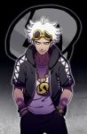  1boy ahoge bracelet guzuma_(pokemon) jewelry kiritani846 male_focus necklace pokemon pokemon_(game) pokemon_sm solo sunglasses sunglasses_on_head tattoo team_skull white_hair 