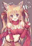  1girl :d animal_ears bangs bell between_legs blonde_hair breasts brown_background brown_eyes cleavage copyright_name cowboy_shot elbow_gloves eyebrows eyebrows_visible_through_hair fingerless_gloves fox_ears frills gloves hair_between_eyes hand_between_legs hand_up jingle_bell large_breasts long_hair looking_at_viewer midriff navel open_mouth ragnarok_online ranger_(ragnarok_online) red_gloves red_ribbon red_scarf ribbon scarf shadow simple_background smile solo sorai_shin&#039;ya two_side_up v 