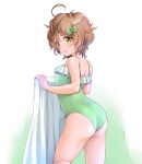 1girl ass brown_eyes brown_hair casual_one-piece_swimsuit cowboy_shot frilled_swimsuit frills from_behind green_swimsuit hibike!_euphonium highres kanabun kawashima_sapphire one-piece_swimsuit short_hair standing standing_on_one_leg swimsuit towel 