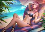  1girl asymmetrical_hair beach beach_chair bikini blue_eyes breasts cleavage final_fantasy final_fantasy_xiii jewelry lightning_farron looking_at_viewer medium_breasts navel necklace nudtawut_thongmai ocean palm_tree parted_lips pink_hair reclining solo swimsuit tree umbrella 