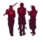  3boys bandanna billy_kane facing_away holding holding_weapon kanji kisaragi_eiji male_focus monochrome moon_print multiple_boys ninja polearm simple_background snk staff symbol the_king_of_fighters three_section_staff weapon white_background yagami_iori 