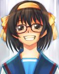 1girl bad_id glasses grin hirokiku school_uniform smile solo suzumiya_haruhi suzumiya_haruhi_no_yuuutsu 