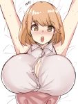 1girl :o armpits arms_up bare_shoulders blush breasts brown_eyes brown_hair bursting_breasts cleavage hair_ornament hairclip heart_hair_ornament highres huge_breasts looking_at_viewer lying narusawa_ryouka norman_maggot occultic;nine on_back open_mouth pomf short_hair solo sweat upper_body 