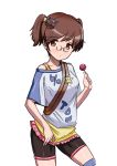 1girl aegis_(nerocc) alisa_(girls_und_panzer) bespectacled bike_shorts black_shorts brown_eyes brown_hair candy casual cat_hair_ornament closed_mouth cowboy_shot food freckles girls_und_panzer glasses hair_ornament holding lollipop looking_at_viewer pince-nez short_hair short_twintails shorts simple_background solo standing star star_hair_ornament thigh-highs twintails white_background 