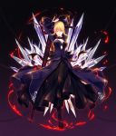  1girl absurdres arms_up black_boots black_dress black_ribbon blonde_hair boots breasts chains cleavage dark_excalibur dress fate/stay_night fate_(series) hair_between_eyes highres holding holding_sword holding_weapon looking_at_viewer medium_breasts mokoppe ribbon saber saber_alter short_hair solo sword weapon yellow_eyes 
