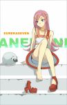  15 1girl anemone_(eureka_seven) bad_id barefoot blue_eyes boyshorts collar dress eureka_seven eureka_seven_(series) feet gulliver hair_ornament hairclip high_heels long_hair long_legs pink_hair platform_footwear platform_heels shoes single_shoe sitting solo stairs 