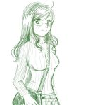  1girl glasses green monochrome sketch solo strap_cleavage sweater 