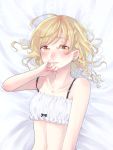  ahoge bandeau bare_shoulders bed_sheet black_bow blonde_hair blush bow braid breasts collarbone earrings eyebrows eyebrows_visible_through_hair eyelashes fingernails hair_bow hair_ribbon hand_to_head hand_to_own_mouth highres jewelry kirisame_marisa long_fingernails lying mei_(mei19132) nail_polish on_back on_bed pink_lips pink_nails ribbon side_braid single_braid small_breasts sobbing spaghetti_strap star star_earrings tears teeth touhou tress_ribbon upper_body white_ribbon yellow_eyes 