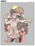  4girls brown_hair closed_eyes from_behind glasses hand_holding hands_clasped hug m_k mother_and_daughter multiple_girls original scrunchie star sweater turtleneck_sweater wife_and_wife 