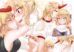  2girls arms_around_neck bangs black_shirt blonde_hair blush breasts closed_eyes constricted_pupils embarrassed eye_contact fang forehead_kiss green_eyes hair_between_eyes hand_on_another&#039;s_shoulder head_tilt heart height_difference highres horn hoshiguma_yuugi incipient_kiss japanese_clothes kiss kiss_on_hand kumeringo_touho large_breasts long_hair looking_at_another mizuhashi_parsee multiple_girls open_mouth parted_bangs pointy_ears pouty_lips red_eyes shirt short_hair short_sleeves sleeveless sleeveless_shirt spoken_heart touhou wavy_mouth white_shirt yuri 
