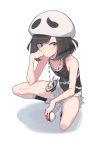  1girl black_eyes black_hair cosplay female_protagonist_(pokemon_sm) hand_on_own_face hat highres holding holding_poke_ball jewelry necklace poke_ball pokemon pokemon_(game) pokemon_sm short_hair shorts simple_background solo squatting supernew tank_top team_skull team_skull_(cosplay) white_background 