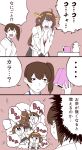  ... 2girls :d ahoge asphyxiation brown_hair can choking comic commentary_request detached_sleeves double_bun female hairband ishii_hisao japanese_clothes kaga_(kantai_collection) kantai_collection kongou_(kantai_collection) long_hair multiple_girls nontraditional_miko open_mouth partially_colored pleated_skirt side_ponytail skirt smile sweat teapot transformation translation_request visible_air 
