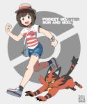  artist_request black_eyes brown_hair female_protagonist_(pokemon_sm) open_mouth pokemon running short_hair torracat 