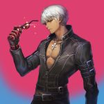  1boy absurdres cross dark_skin gloves highres hyeona jacket jewelry k&#039; male_focus necklace short_hair solo sunglasses the_king_of_fighters the_king_of_fighters_xiv white_hair 