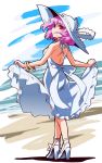  alternate_costume alternate_headwear bare_shoulders beach blue_sky bracelet clouds dress from_behind full_body hat hat_ribbon high_heels highres jewelry light_smile looking_at_viewer looking_back narusemi pink_eyes pink_hair ribbon saigyouji_yuyuko sand shoes skirt_hold sky sleeveless sun_hat sundress touhou water white_dress white_ribbon white_shoes 